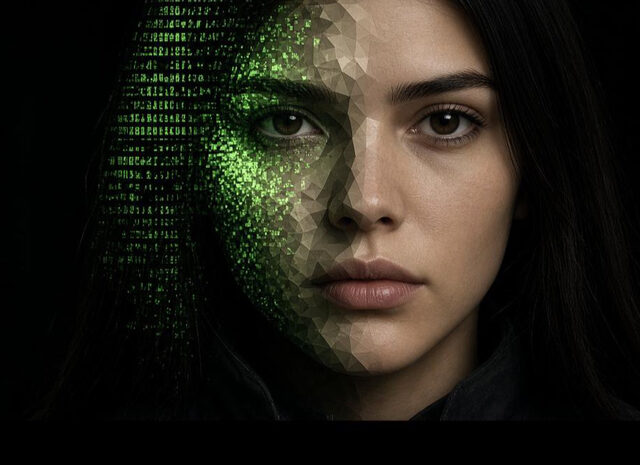 One face rendered five ways at once: characters on a green phosphor screen at the left, resolving through coarse pixels, fine pixels and flat polygons into photographic skin at the right.